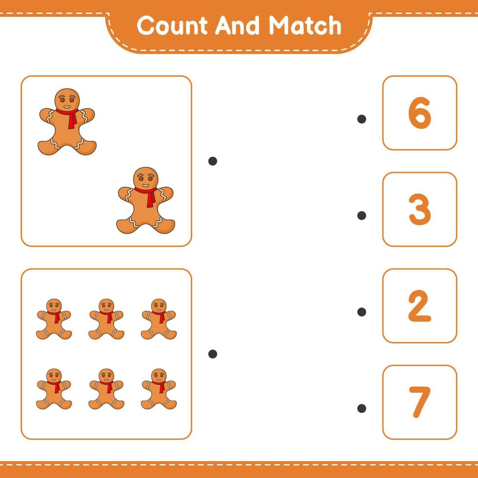 Count and match, count the number of Gingerbread Man and match with the right numbers. Educational children game, printable worksheet, vector illustration