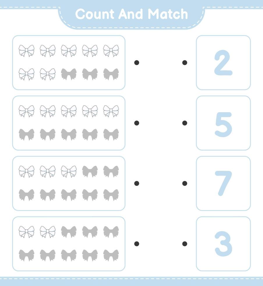 Count and match, count the number of Ribbon and match with the right numbers. Educational children game, printable worksheet, vector illustration