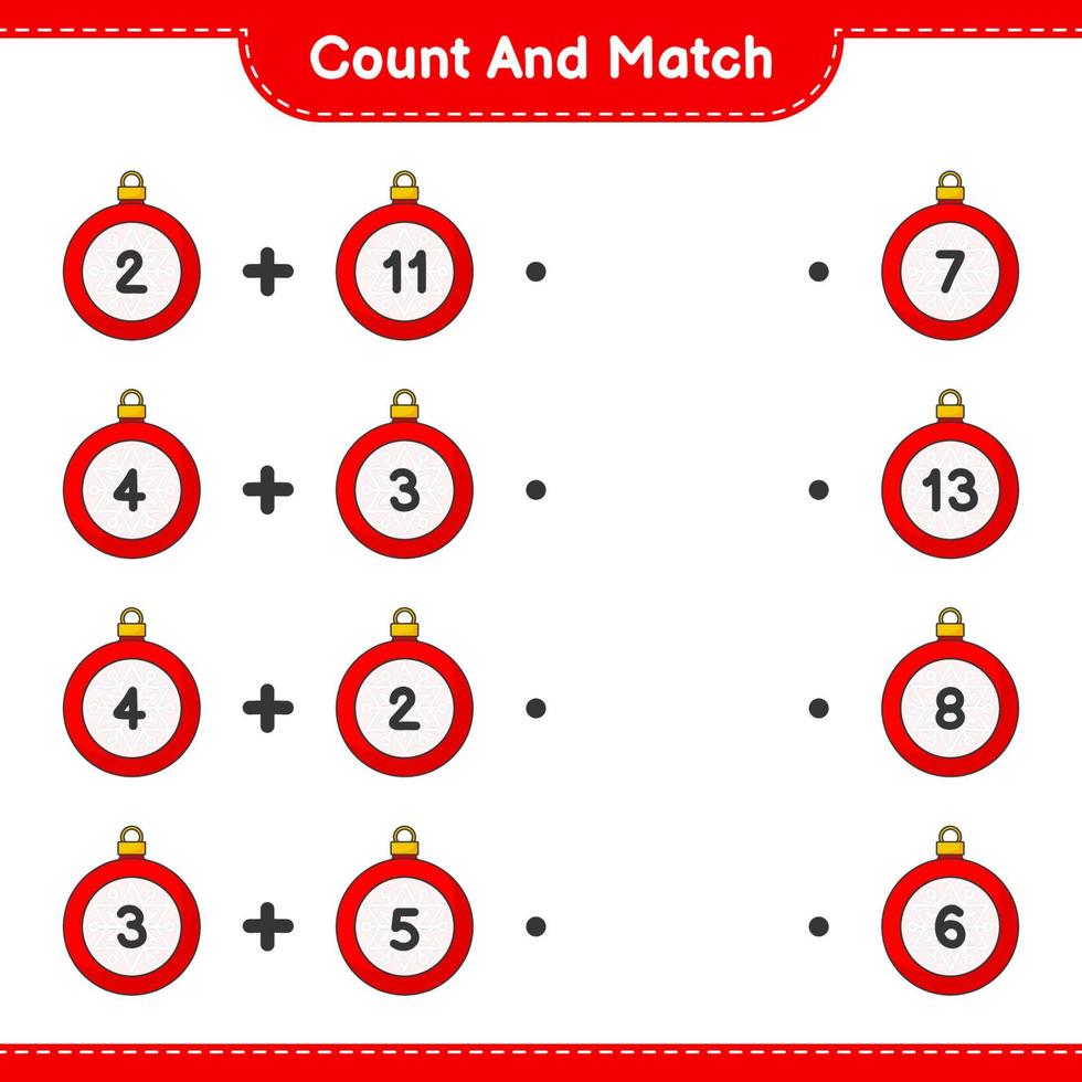 cuenta y combina, cuenta el número de bolas navideñas y combina con los números correctos. juego educativo para niños, hoja de cálculo imprimible, ilustración vectorial vector