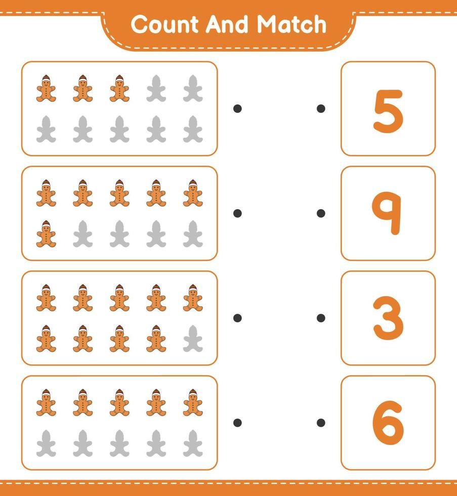 Count and match, count the number of Gingerbread Man and match with the right numbers. Educational children game, printable worksheet, vector illustration