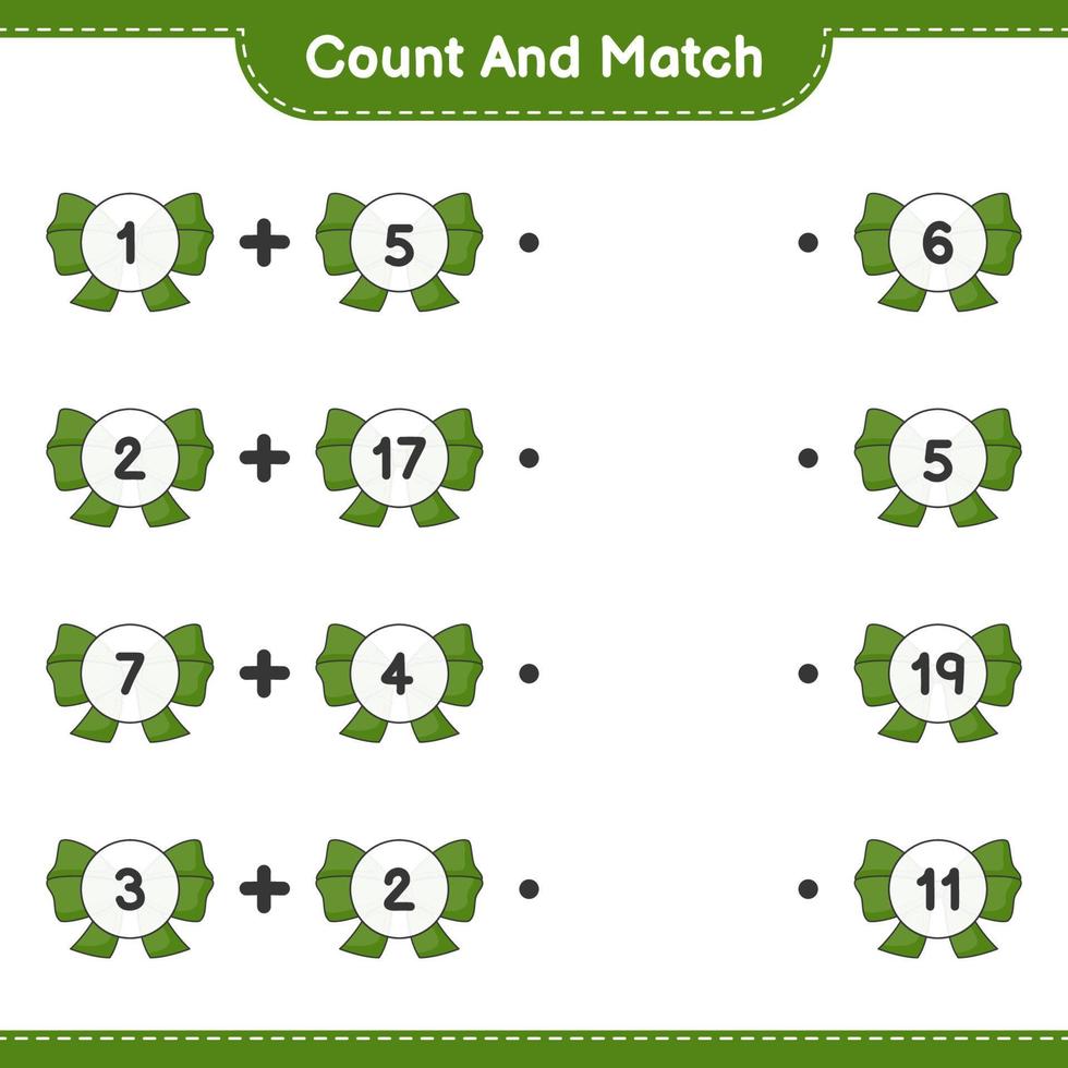 Count and match, count the number of Ribbon and match with the right numbers. Educational children game, printable worksheet, vector illustration