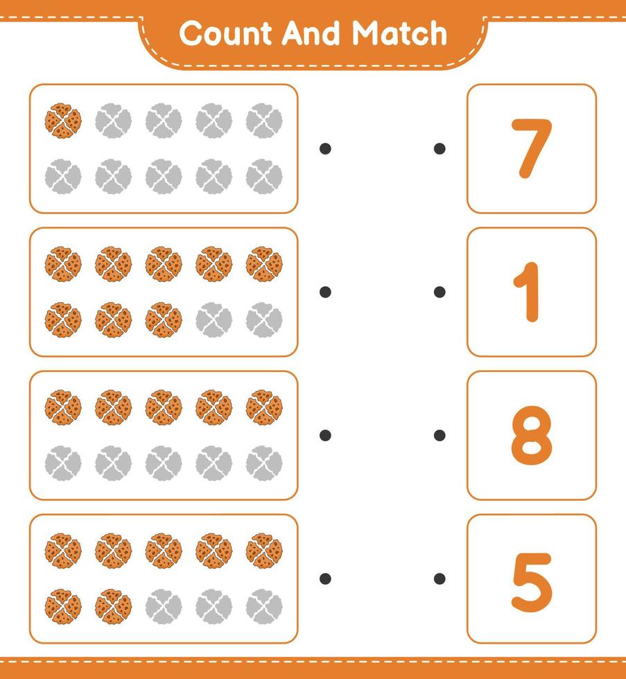 Count and match, count the number of Cookie and match with the right numbers. Educational children game, printable worksheet, vector illustration