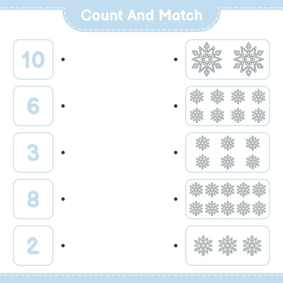 Count and match, count the number of Snowflake and match with the right numbers. Educational children game, printable worksheet, vector illustration
