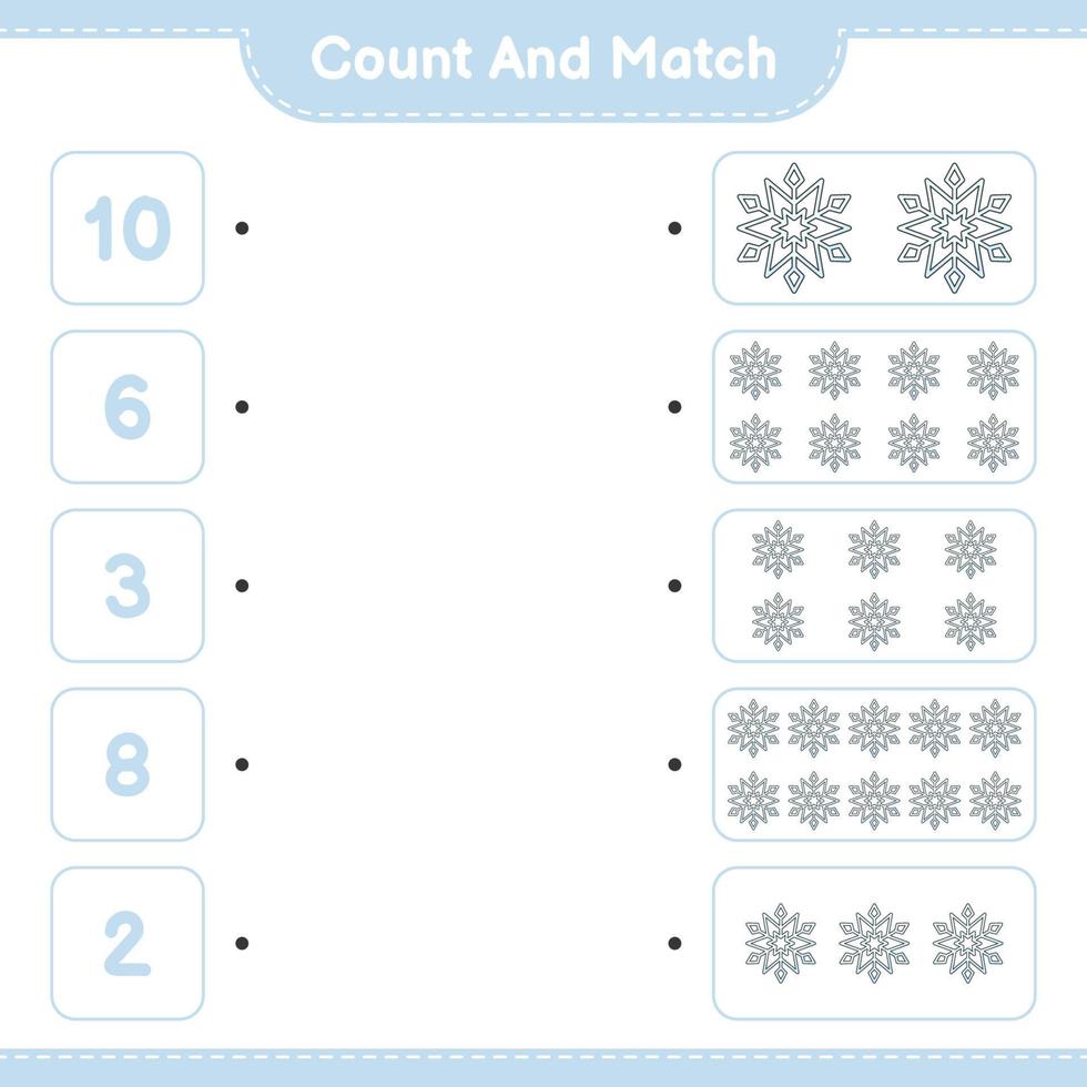 cuenta y empareja, cuenta el número de copos de nieve y empareja con los números correctos. juego educativo para niños, hoja de cálculo imprimible, ilustración vectorial vector