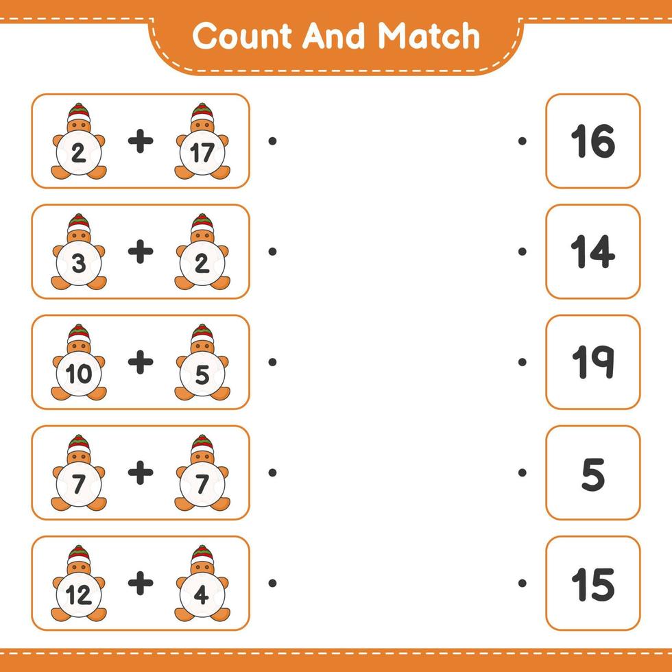 Count and match, count the number of Gingerbread Man and match with the right numbers. Educational children game, printable worksheet, vector illustration