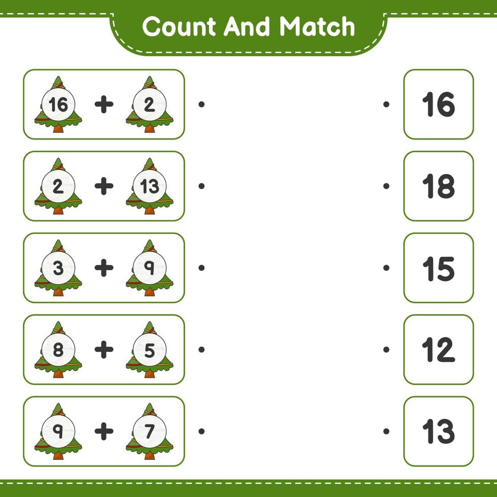 Count and match, count the number of Christmas Tree and match with the right numbers. Educational children game, printable worksheet, vector illustration