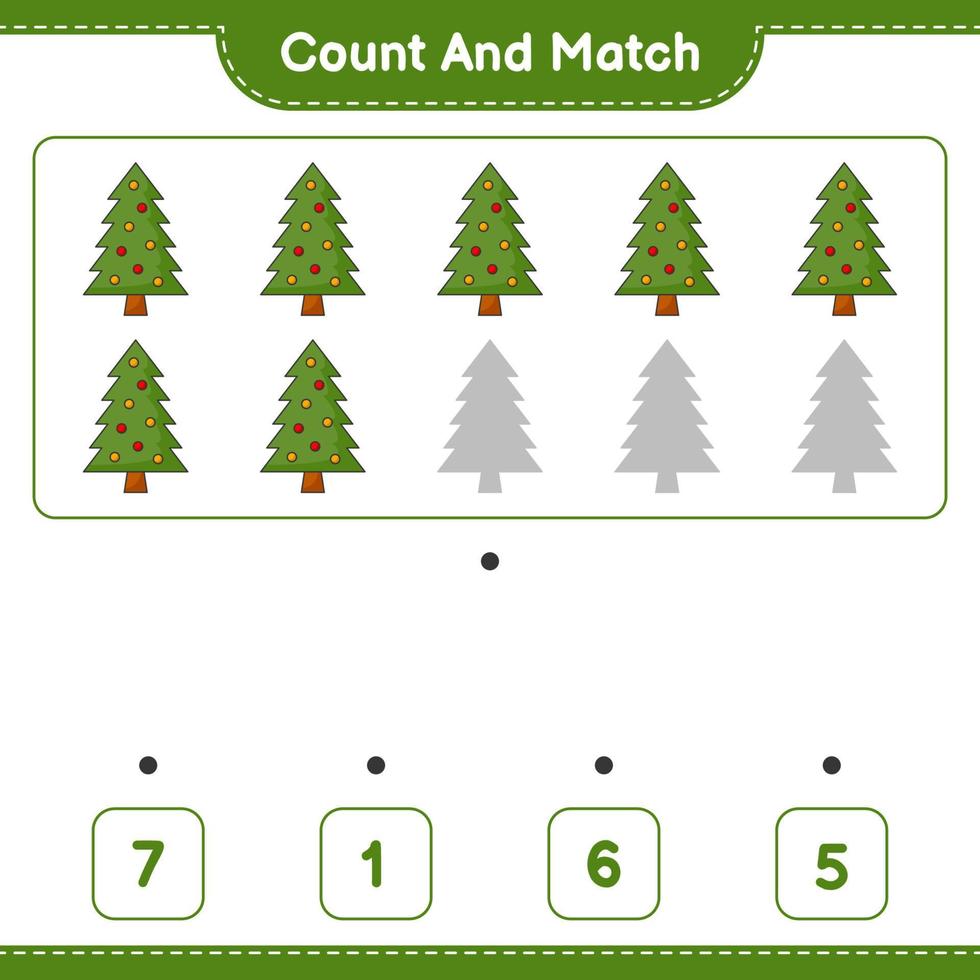 Count and match, count the number of Christmas Tree and match with the right numbers. Educational children game, printable worksheet, vector illustration