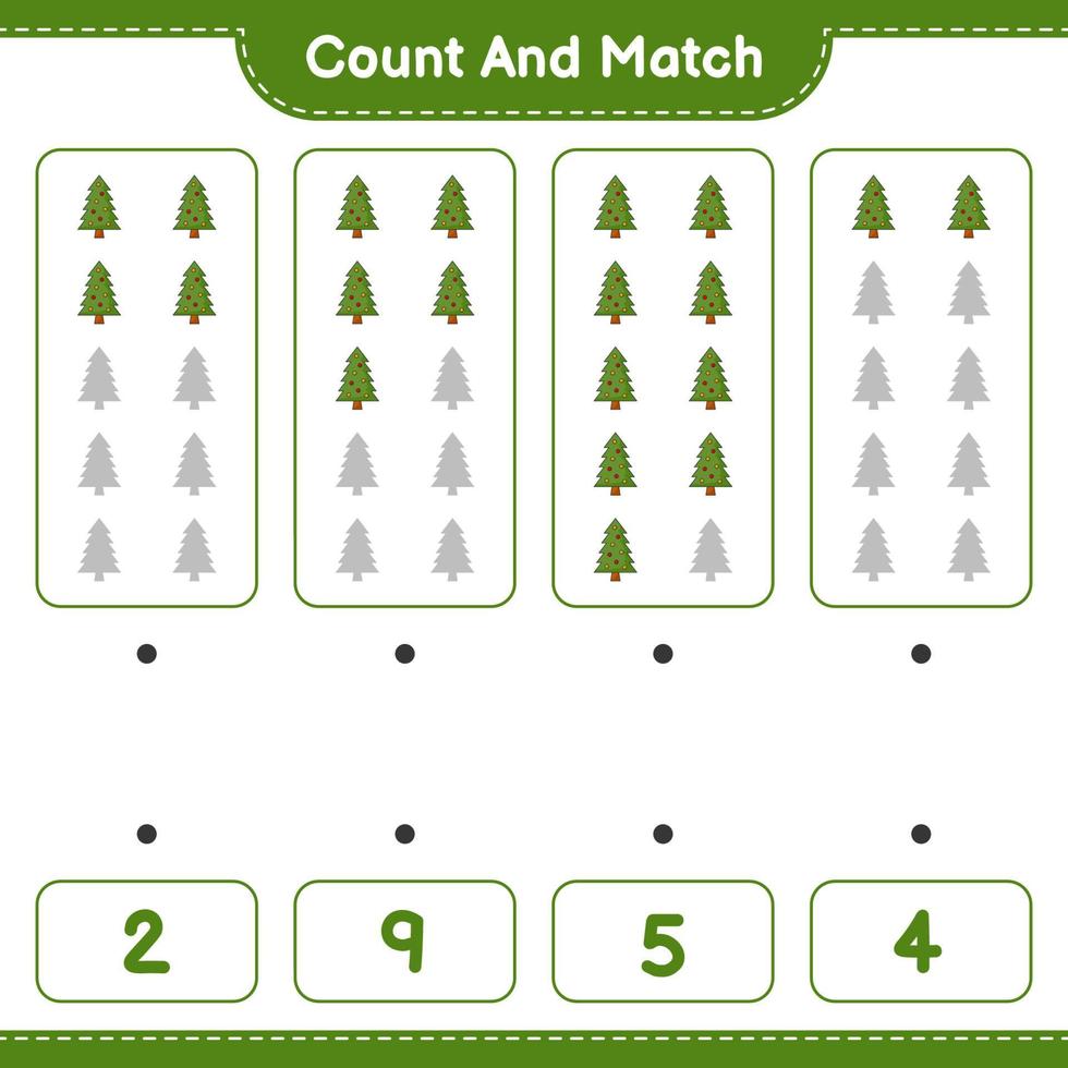 Count and match, count the number of Christmas Tree and match with the right numbers. Educational children game, printable worksheet, vector illustration