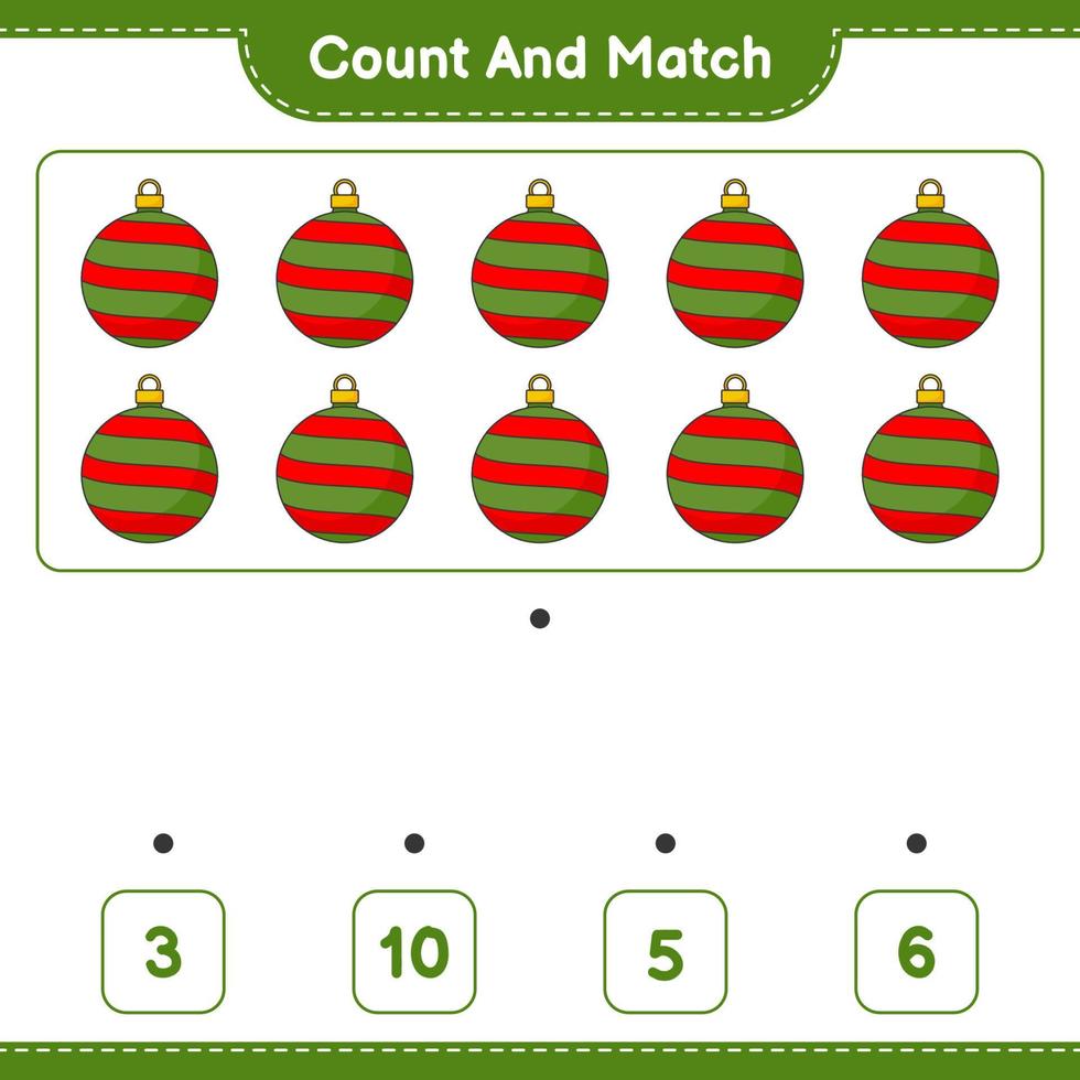 Count and match, count the number of Christmas Ball and match with the right numbers. Educational children game, printable worksheet, vector illustration