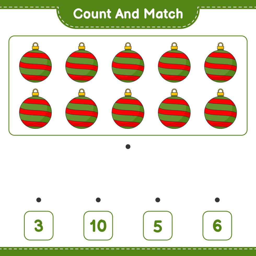 Count and match, count the number of Christmas Ball and match with the right numbers. Educational children game, printable worksheet, vector illustration