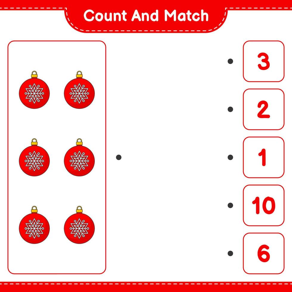 Count and match, count the number of Christmas Ball and match with the right numbers. Educational children game, printable worksheet, vector illustration