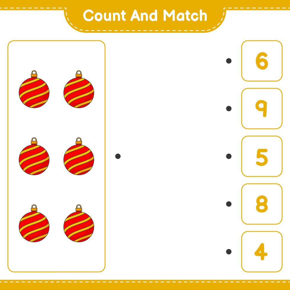 Count and match, count the number of Christmas Ball and match with the right numbers. Educational children game, printable worksheet, vector illustration