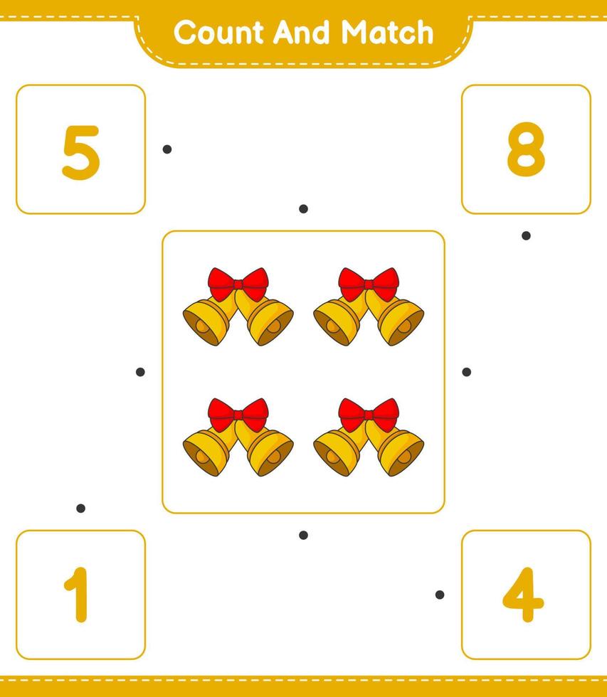 Count and match, count the number of Christmas Bell and match with the right numbers. Educational children game, printable worksheet, vector illustration