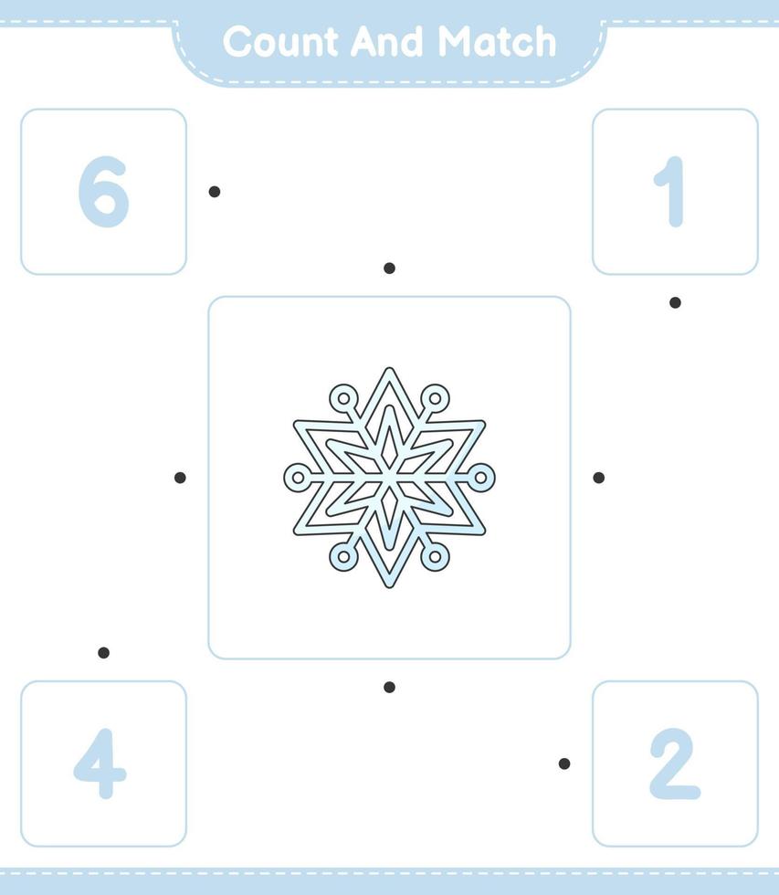 Count and match, count the number of Snowflake and match with the right numbers. Educational children game, printable worksheet, vector illustration
