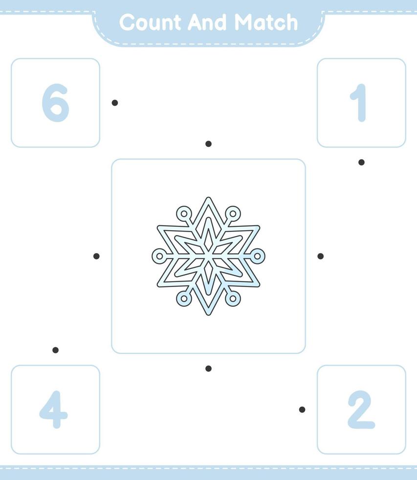 cuenta y empareja, cuenta el número de copos de nieve y empareja con los números correctos. juego educativo para niños, hoja de cálculo imprimible, ilustración vectorial vector