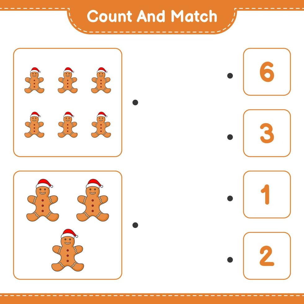 Count and match, count the number of Gingerbread Man and match with the right numbers. Educational children game, printable worksheet, vector illustration