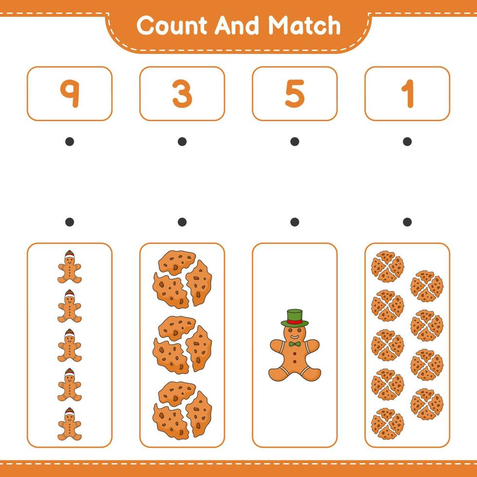 Count and match, count the number of Cookies, Gingerbread Man and match with the right numbers. Educational children game, printable worksheet, vector illustration