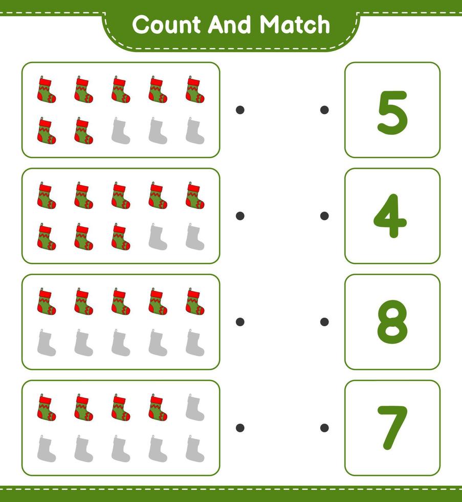 Count and match, count the number of Christmas Sock and match with the right numbers. Educational children game, printable worksheet, vector illustration