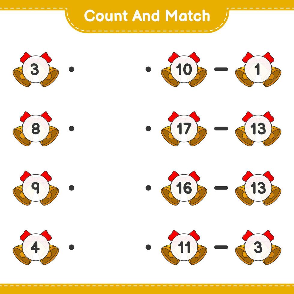 Count and match, count the number of Christmas Bell and match with the right numbers. Educational children game, printable worksheet, vector illustration