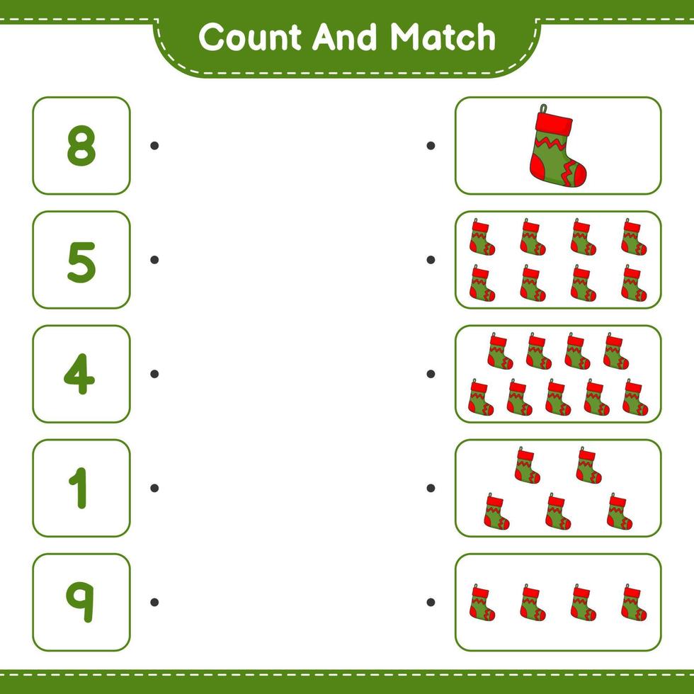 Count and match, count the number of Christmas Sock and match with the right numbers. Educational children game, printable worksheet, vector illustration