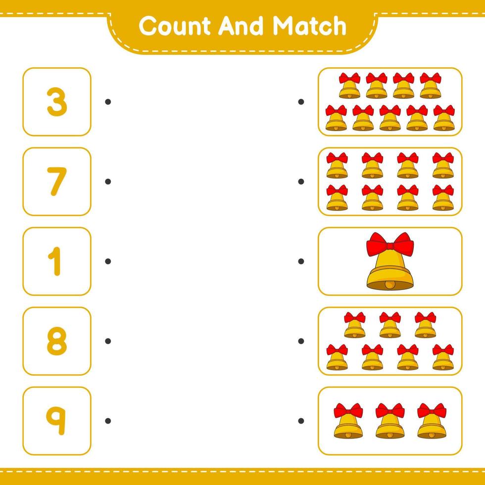 Count and match, count the number of Christmas Bell and match with the right numbers. Educational children game, printable worksheet, vector illustration