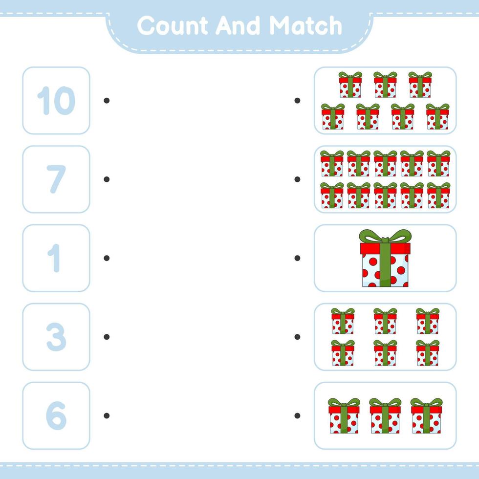 Count and match, count the number of Gift Box and match with the right numbers. Educational children game, printable worksheet, vector illustration