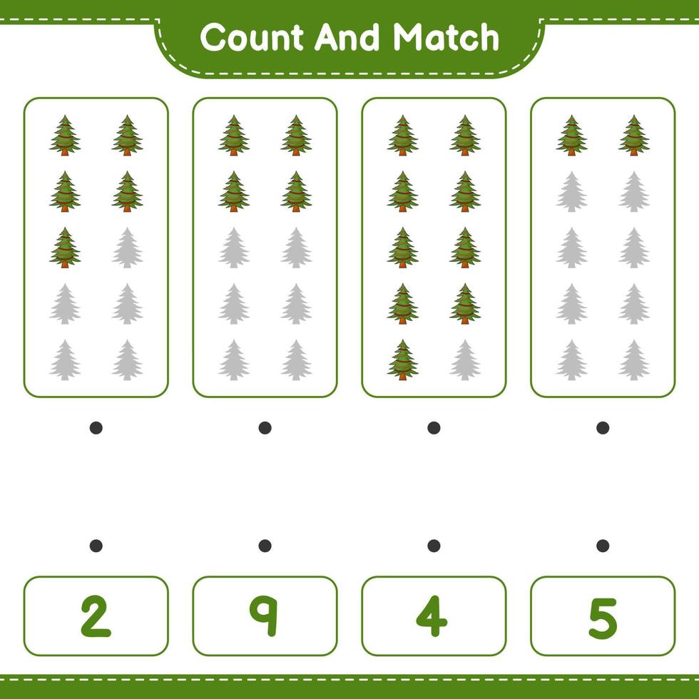 Count and match, count the number of Christmas Tree and match with the right numbers. Educational children game, printable worksheet, vector illustration