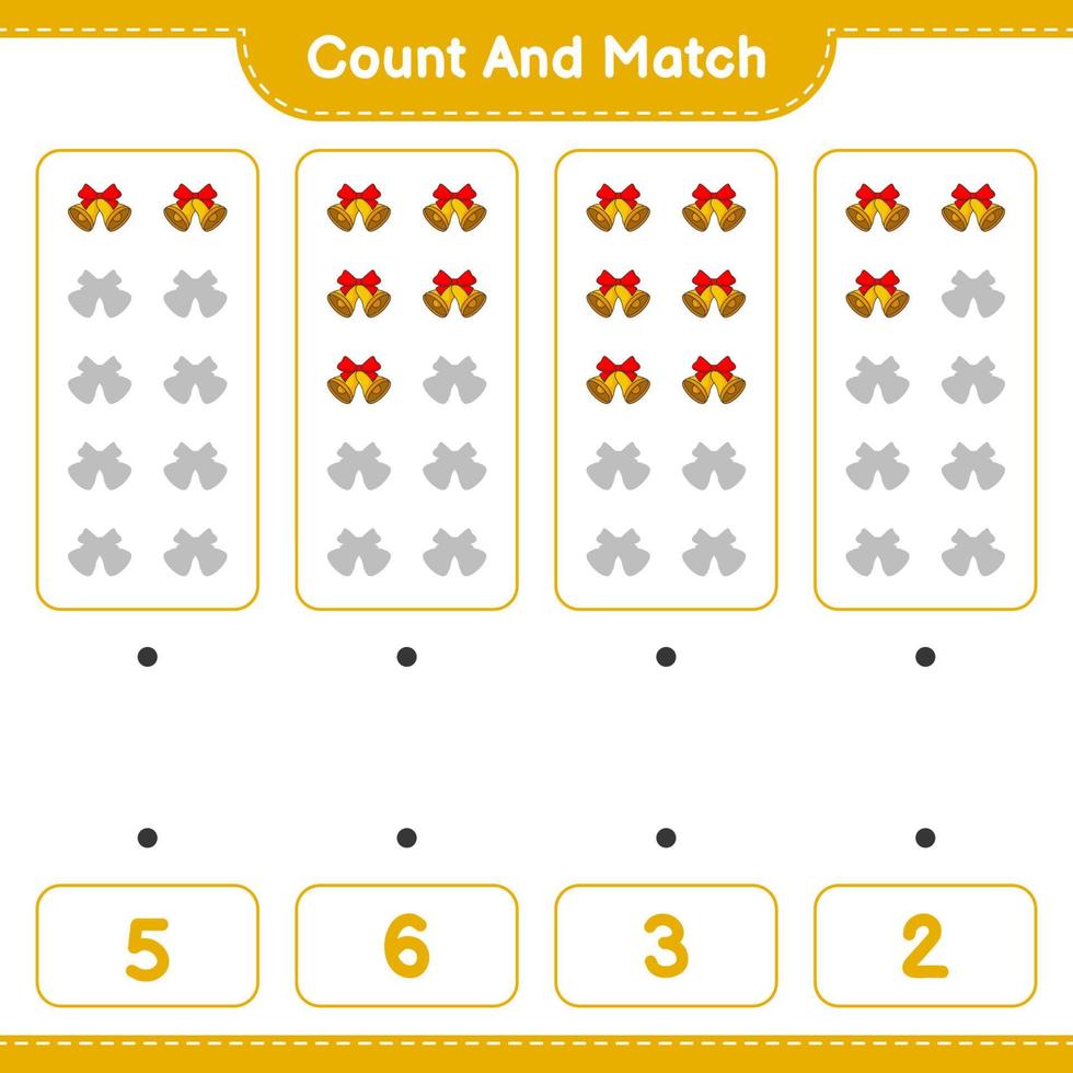 Count and match, count the number of Christmas Bell and match with the right numbers. Educational children game, printable worksheet, vector illustration
