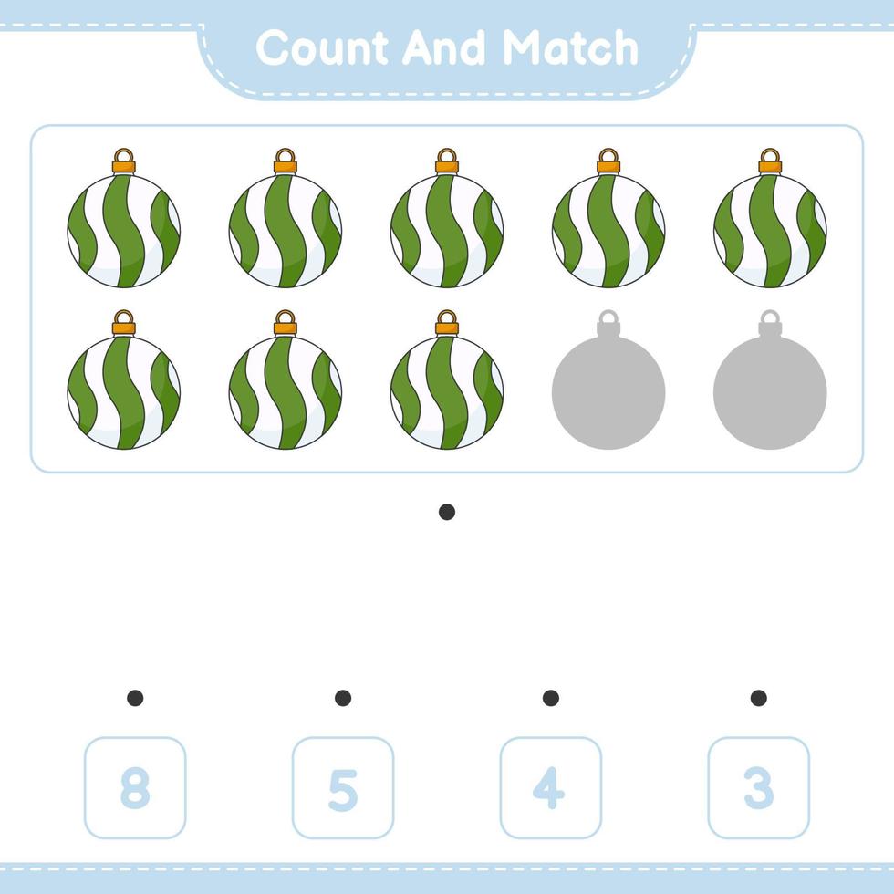 Count and match, count the number of Christmas Ball and match with the right numbers. Educational children game, printable worksheet, vector illustration