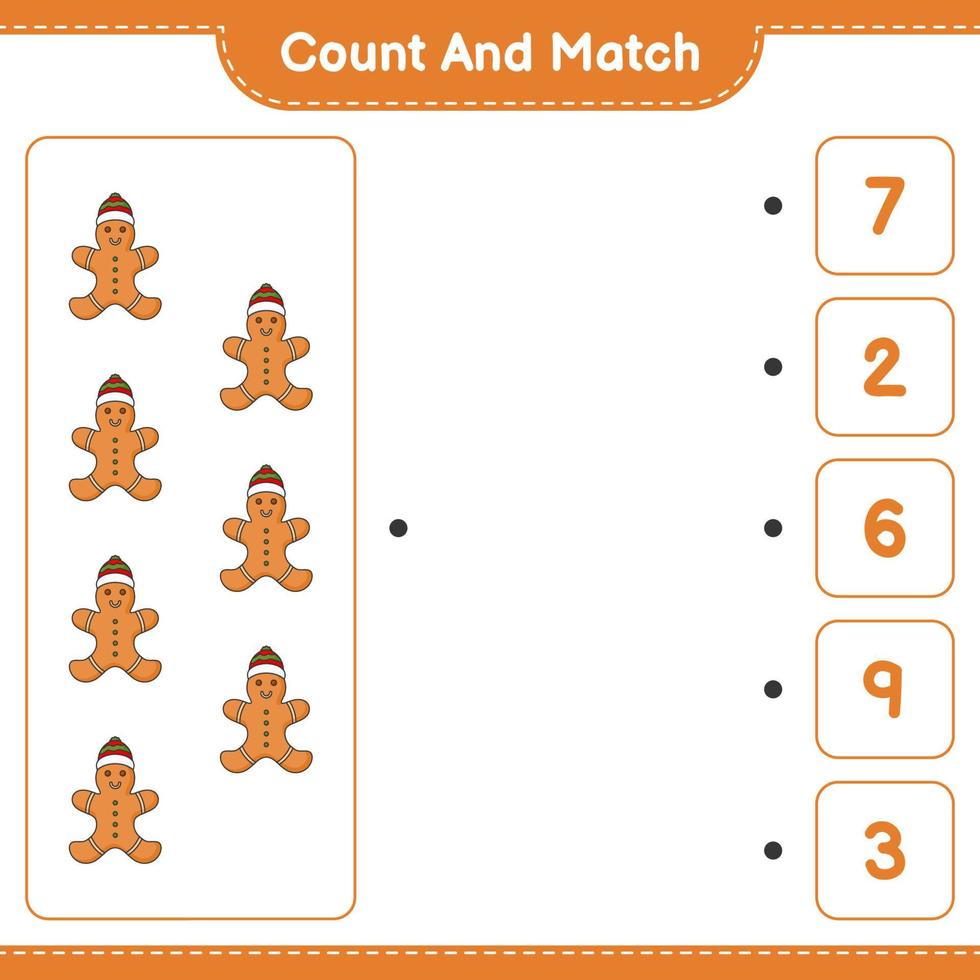 Count and match, count the number of Gingerbread Man and match with the right numbers. Educational children game, printable worksheet, vector illustration