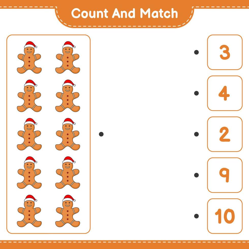 Count and match, count the number of Gingerbread Man and match with the right numbers. Educational children game, printable worksheet, vector illustration