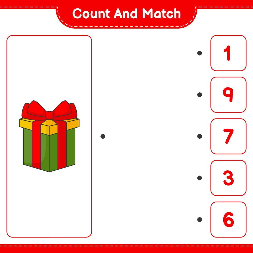 Count and match, count the number of Gift Box and match with the right numbers. Educational children game, printable worksheet, vector illustration