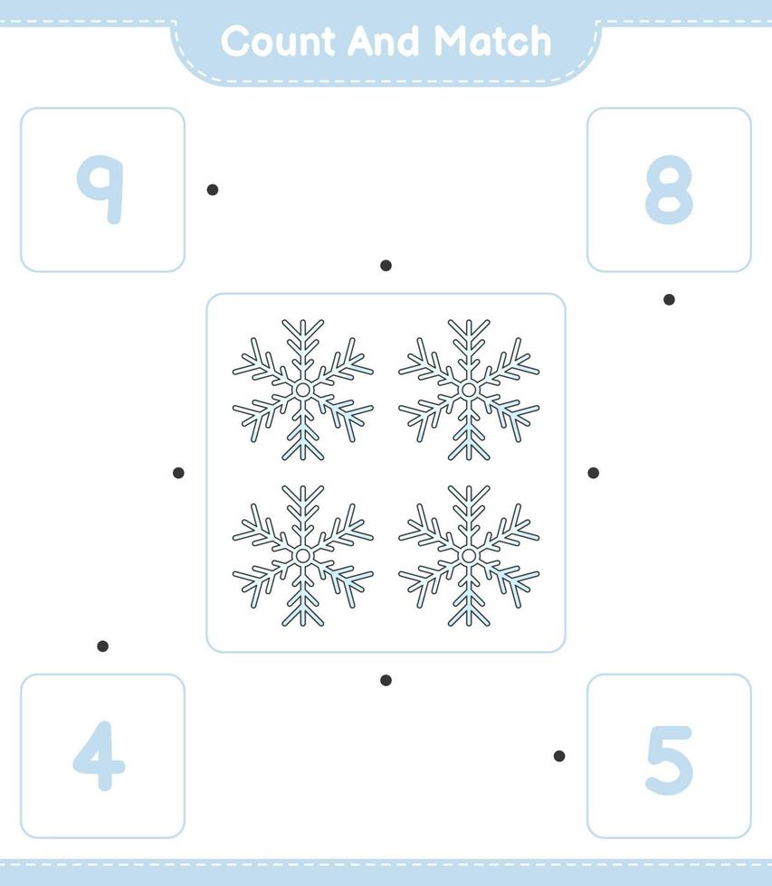 Count and match, count the number of Snowflake and match with the right numbers. Educational children game, printable worksheet, vector illustration