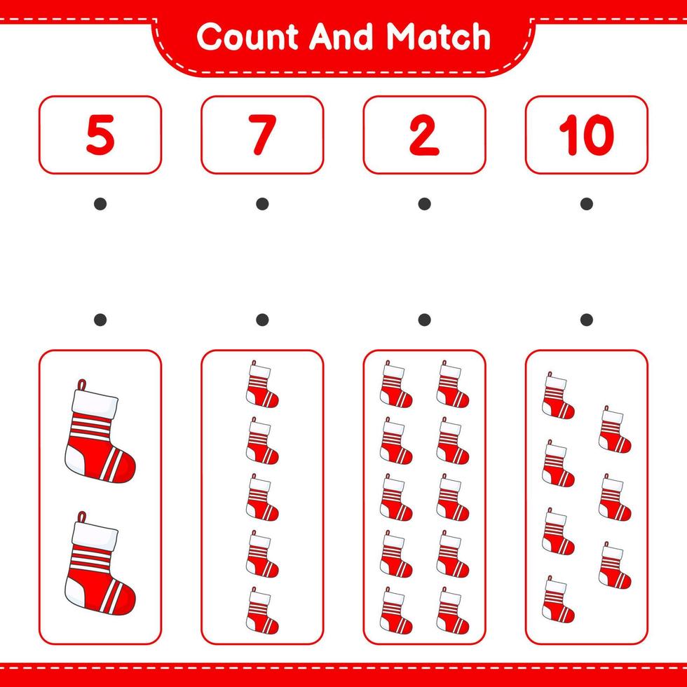 Count and match, count the number of Christmas Sock and match with the right numbers. Educational children game, printable worksheet, vector illustration