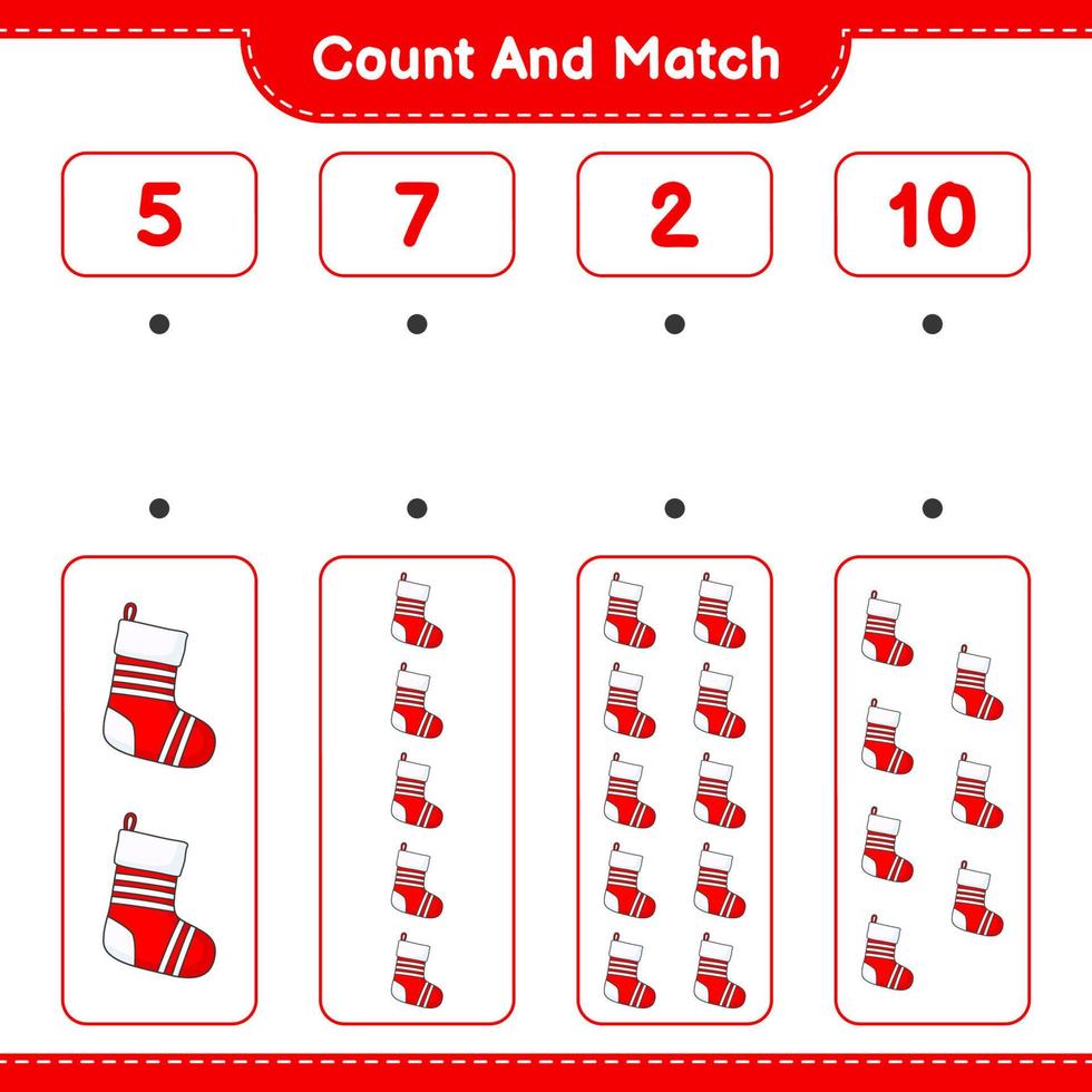 Count and match, count the number of Christmas Sock and match with the right numbers. Educational children game, printable worksheet, vector illustration