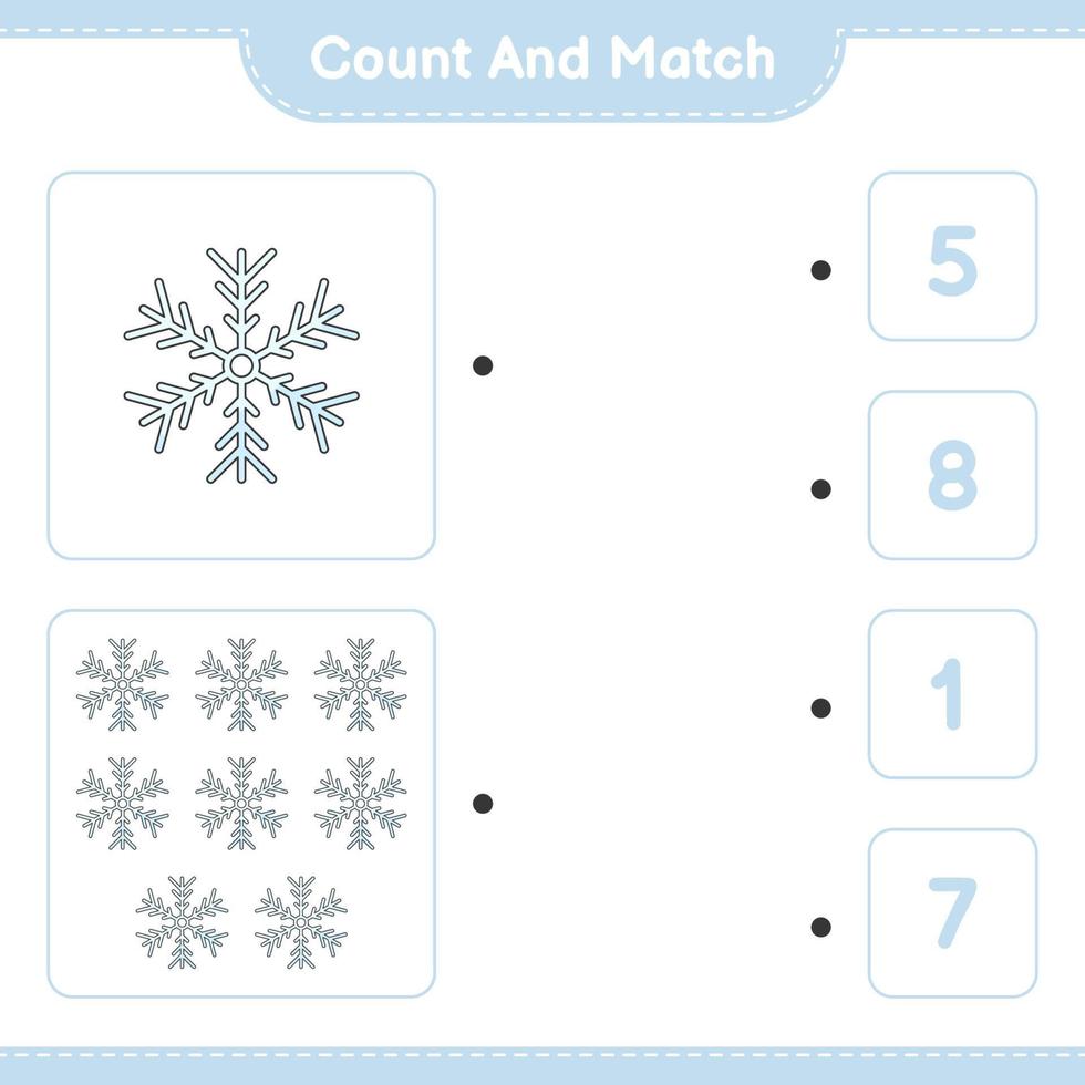 Count and match, count the number of Snowflake and match with the right numbers. Educational children game, printable worksheet, vector illustration