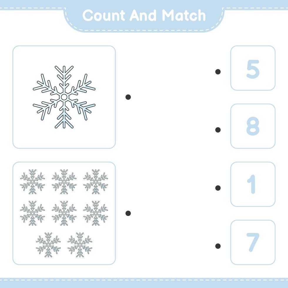 cuenta y empareja, cuenta el número de copos de nieve y empareja con los números correctos. juego educativo para niños, hoja de cálculo imprimible, ilustración vectorial vector