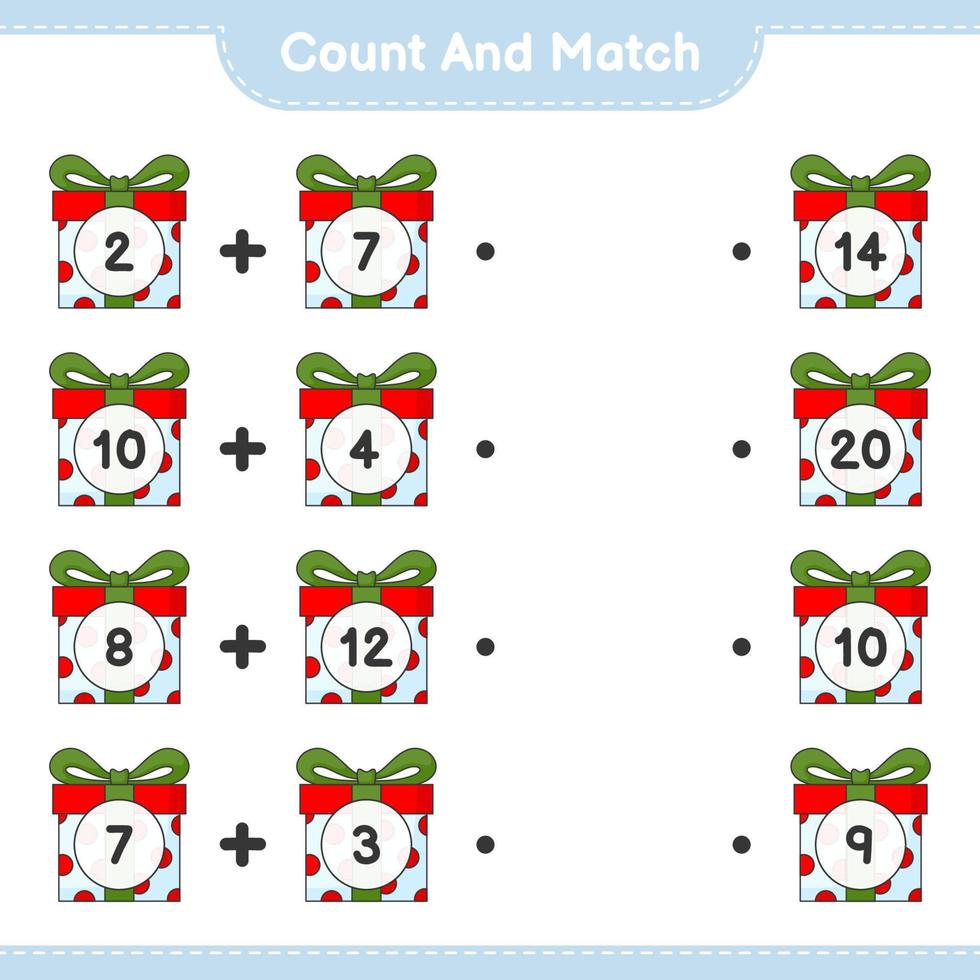 Count and match, count the number of Gift Box and match with the right numbers. Educational children game, printable worksheet, vector illustration