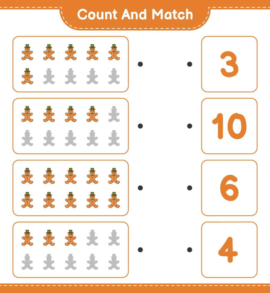 Count and match, count the number of Gingerbread Man and match with the right numbers. Educational children game, printable worksheet, vector illustration