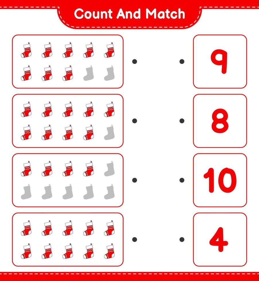 Count and match, count the number of Christmas Sock and match with the right numbers. Educational children game, printable worksheet, vector illustration