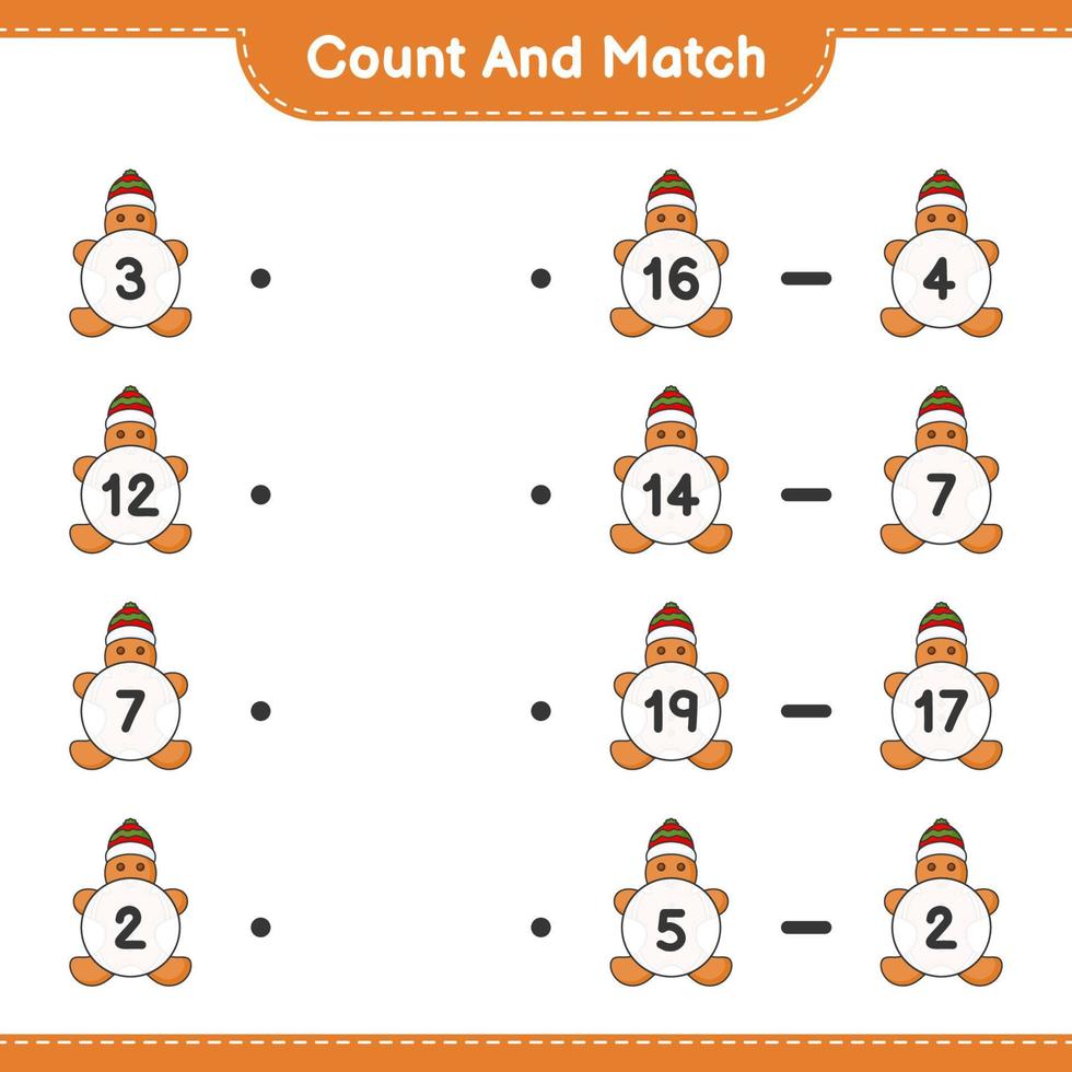 Count and match, count the number of Gingerbread Man and match with the right numbers. Educational children game, printable worksheet, vector illustration