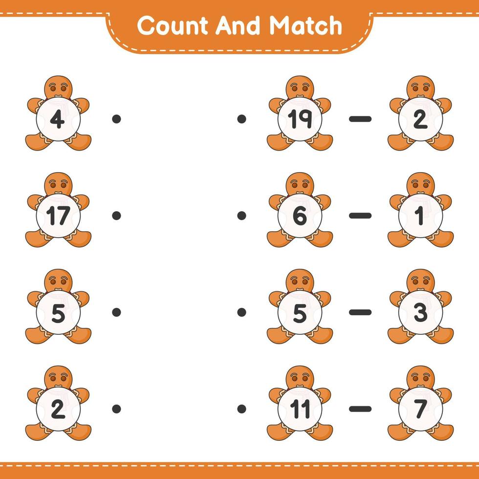 Count and match, count the number of Gingerbread Man and match with the right numbers. Educational children game, printable worksheet, vector illustration