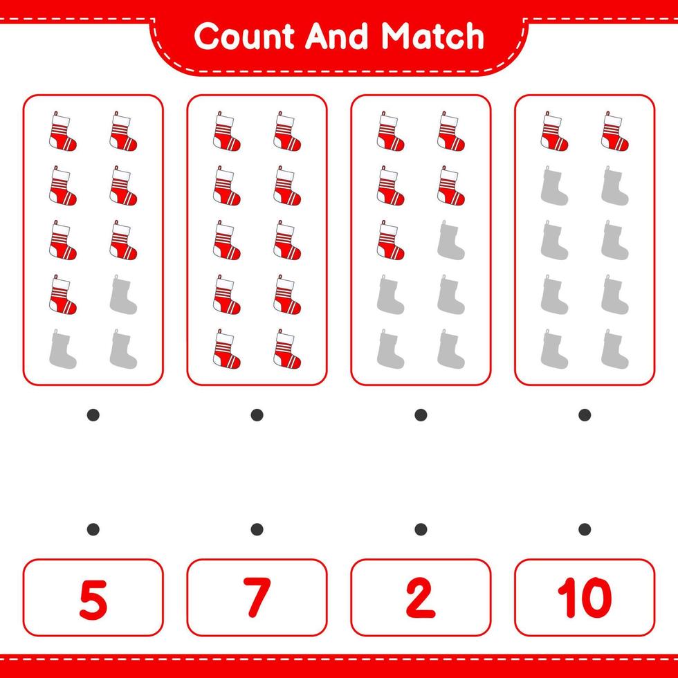 Count and match, count the number of Christmas Sock and match with the right numbers. Educational children game, printable worksheet, vector illustration