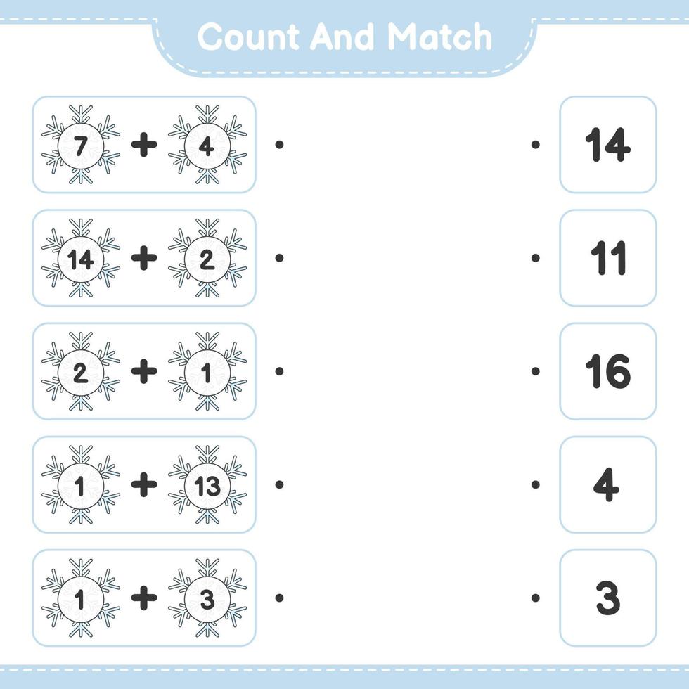 Count and match, count the number of Snowflake and match with the right numbers. Educational children game, printable worksheet, vector illustration