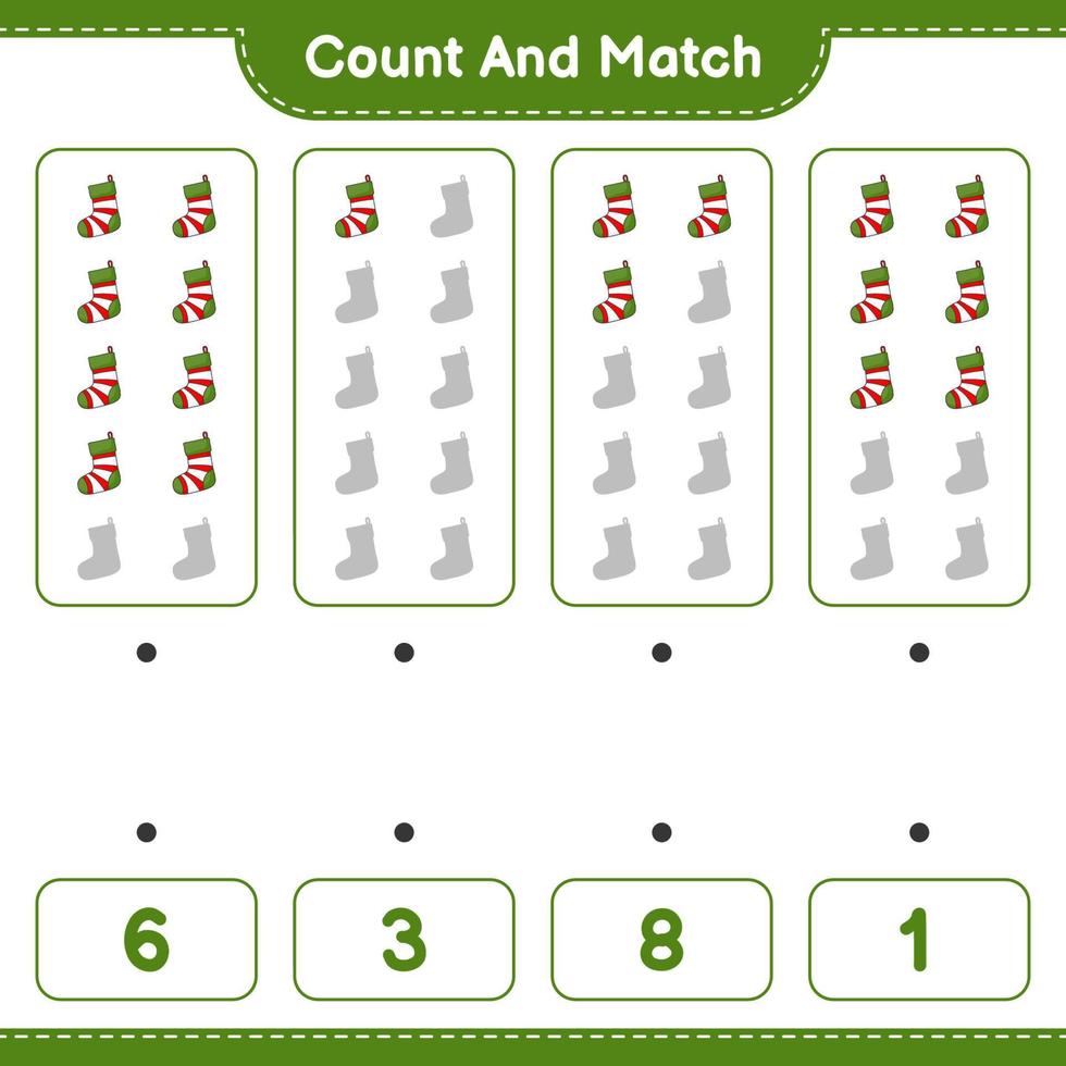 Count and match, count the number of Christmas Sock and match with the right numbers. Educational children game, printable worksheet, vector illustration