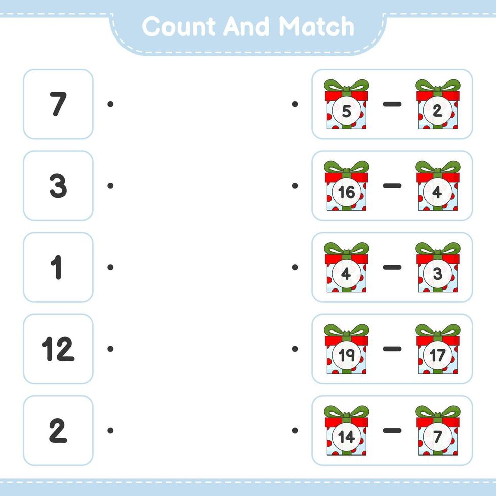 Count and match, count the number of Gift Box and match with the right numbers. Educational children game, printable worksheet, vector illustration