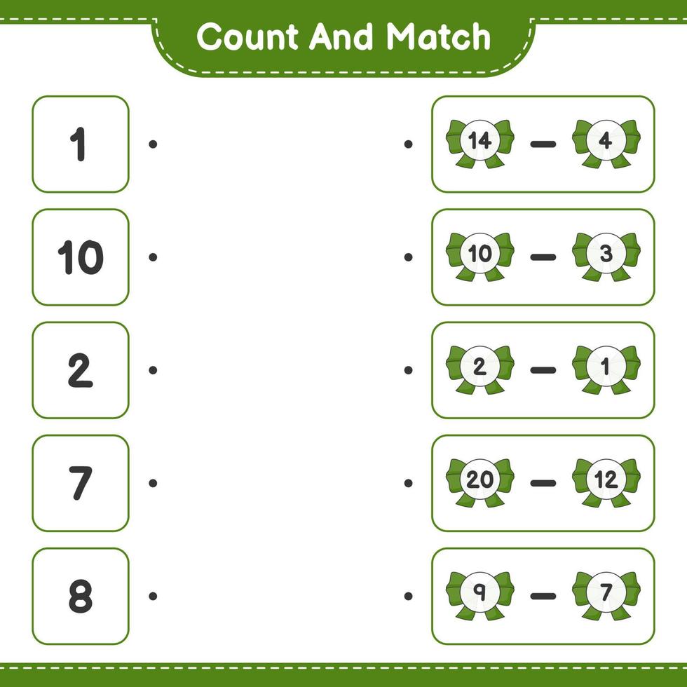 Count and match, count the number of Ribbon and match with the right numbers. Educational children game, printable worksheet, vector illustration