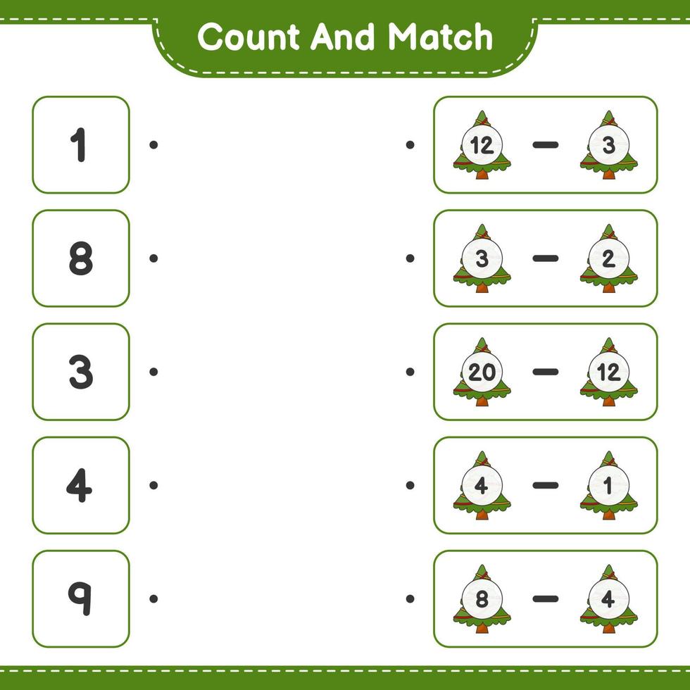Count and match, count the number of Christmas Tree and match with the right numbers. Educational children game, printable worksheet, vector illustration