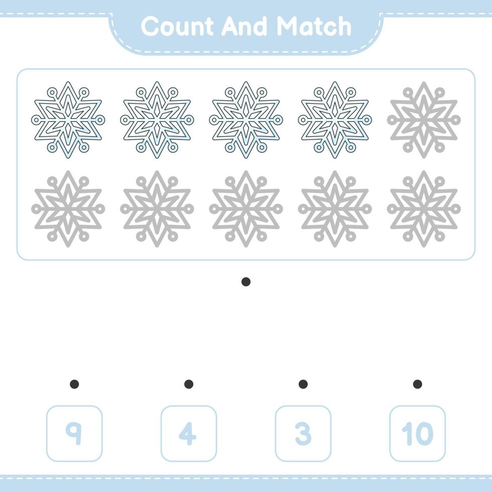 Count and match, count the number of Snowflake and match with the right numbers. Educational children game, printable worksheet, vector illustration
