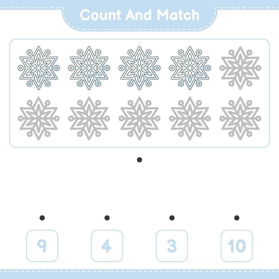 cuenta y empareja, cuenta el número de copos de nieve y empareja con los números correctos. juego educativo para niños, hoja de cálculo imprimible, ilustración vectorial vector